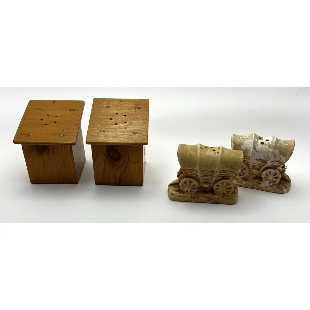 Ma and Pa Outhouse Salt/Pepper Shaker AND Covered Wagons 1949 Shakers